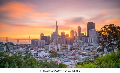 Beautiful view of business center in downtown San Francisco in USA at twilight - Shutterstock ID 1401405581