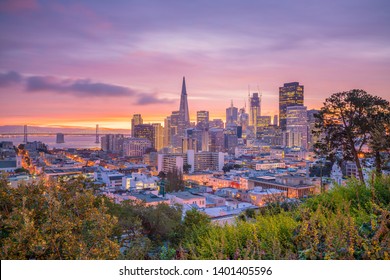Beautiful view of business center in downtown San Francisco in USA at twilight - Shutterstock ID 1401405596