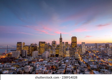 Beautiful view of  business center in downtown San Francisco at sunset.