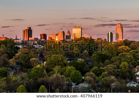 Beautiful view of business center in downtown at sunset, Winston-Salem, North Carolina