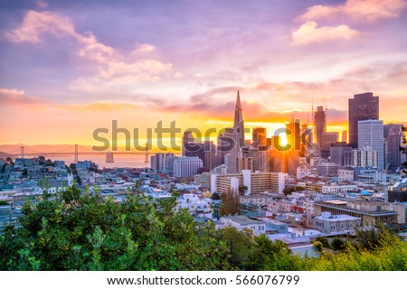 Beautiful view of business center in downtown San Francisco in USA at dusk.