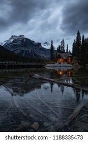 Beautiful View Of A Cabin Near A Glacier Lake With Canadian Rocky Mountains In The Background. Taken In Emerald Lake, British Columbia, Canada.