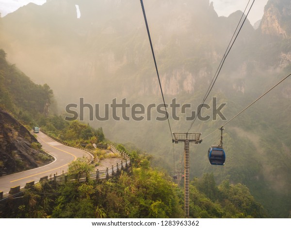 Beautiful View from cable car to tianmen\
mountain.Tianmen mountain cable car the longest cableway in the\
world.zhangjiajie city\
china