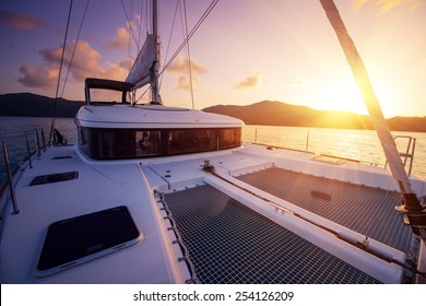 Beautiful view to catamaran in Seychelles bay at sunset