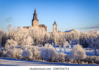 A beautiful view of a church in Grande Prairie, Alberta in winter