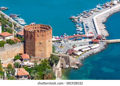 Beautiful view of city Alanya in Turkey. Red tower and harbor