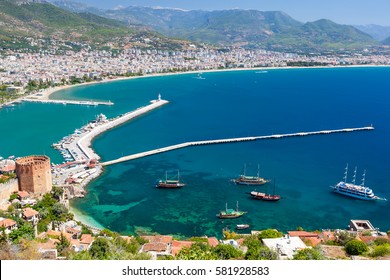 Beautiful view of city Alanya in Turkey. Red tower and harbor
