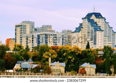 Beautiful view of the city from the Belaya River to the city of Ufa. Motor ships, boats on the water.Translation of the text - 