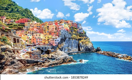 Beautiful view of the city on the rock, Manarola, Italy, Liguria, Cinque Terre.