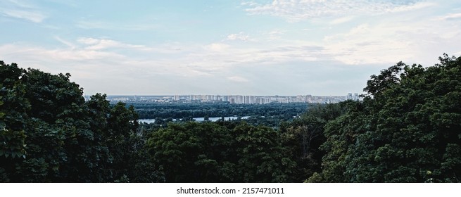 Beautiful View Of City Park With Forest And Green Trees And River. Nature Background, Copy Space