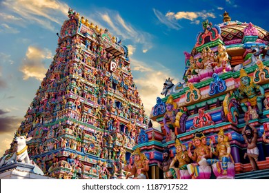 Beautiful view of colorful gopura in the Hindu Kapaleeshwarar Temple,chennai, Tamil Nadu, South India - Shutterstock ID 1187917522