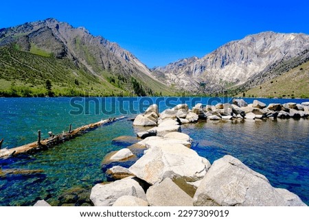 A beautiful view of Convict Lake near the mountains in CA, USA