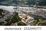 Beautiful view from the copter on the old German city of Passau.The confluence of the three rivers Danube, Inn, Ilz. City of Three Rivers.