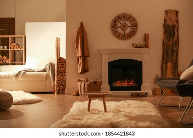 Beautiful View Of Cozy Living Room Interior With Fireplace