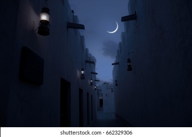 Beautiful view of crescent through a narrow passage of an old Islamic architecture. An Eid moon sighting image. - Powered by Shutterstock