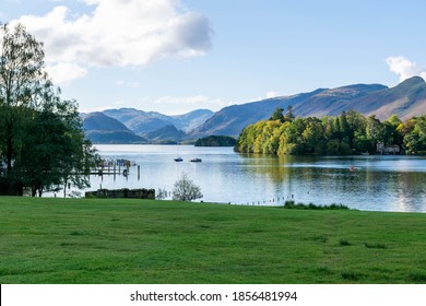 Beautiful view of Derwentwaterin the quaint market town of Keswick in the Lake District, England UK. The lake is three miles long and is fed by the River Derwent. No people. Pure natural beauty.