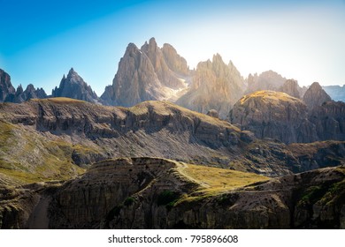 beautiful view of Dolomites rocky mountains landscape in the tre cime di lavaredo park, south Tyrol. natural sunlight - Shutterstock ID 795896608