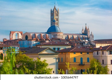 Beautiful view of Dome and campanile of Siena Cathedral, Duomo di Siena, and Old Town of medieval city of Siena in the sunny day, Tuscany, Italy.