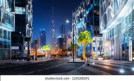 Beautiful view to Dubai downtown city center skyline from Design District at night, United Arab Emirates