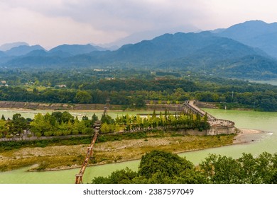 Beautiful view of Dujiangyan and ancient irrigation system during early autumn at Dujiangyan Sichuan , China : 22 October 2023