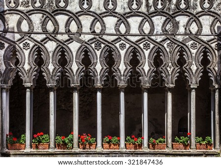 Beautiful view of famous cloister columns of historic Villa Rufolo in Ravello, Amalfi Coast, Campania, Italy