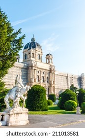 Beautiful view of famous Naturhistorisches Museum (Natural History Museum) with park and sculpture in Vienna, Austria 