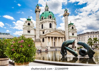 Beautiful view of famous Saint Charles's Church (Wiener Karlskirche) at Karlsplatz in Vienna, Austria