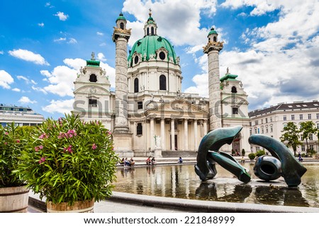 Beautiful view of famous Saint Charles's Church (Wiener Karlskirche) at Karlsplatz in Vienna, Austria