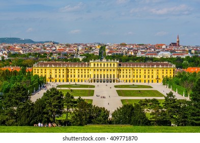 Beautiful view of famous Schonbrunn Palace with Great Parterre garden in Vienna, Austria