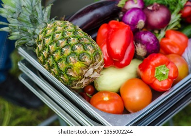 Beautiful view of the food. Beautiful, original background, view of the assorted fresh vegetables and greens, pepper, lettuce, cucumbers, pineapple, eggplant, tomato