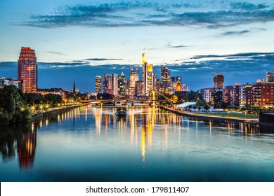 Beautiful View Of Frankfurt Am Main Skyline At Dusk, Germany