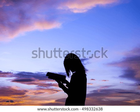 beautiful view , a girl and beautiful twilight with sunset , Siluate , Thailand , Asia