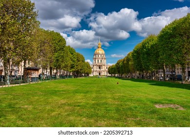 Beautiful view of the golden dome of Les Invalides from the public park in Paris, France