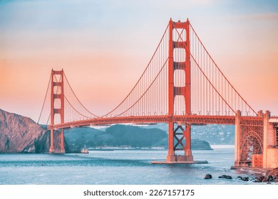 Beautiful view of the Golden Gate Bridge in San Francisco, pastel colors. Concept travel, world attractions