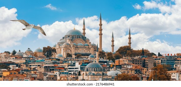 Beautiful view of gorgeous historical Suleymaniye Mosque, Rustem Pasa Mosque and buildings in a cloudy day. Istanbul most popular tourism destination of Turkey. Travel Turkey concept. 