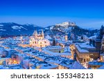 Beautiful view of the historic city of Salzburg with Festung Hohensalzburg in winter, Salzburger Land, Austria