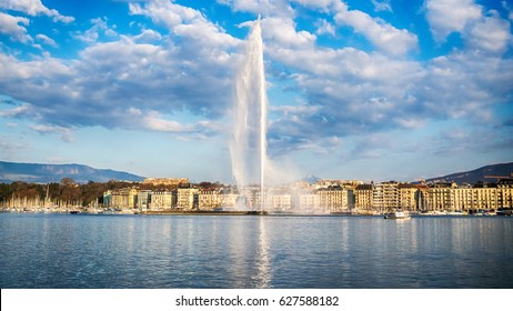 Beautiful View of historic Geneva skyline with famous Jet d'Eau fountain at harbor district in beautiful of Geneva, Switzerland