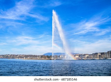 Beautiful View of historic Geneva skyline with famous Jet d'Eau fountain at harbor district in beautiful of Geneva, Switzerland