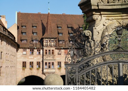 Beautiful View Of Historical Nuremberg City At Sunny Day. Historic Highlights of Germany. Nuremberg is the birthplace of Albrecht Duerer and Johann Pachelbel. Brown Autumn Background. 