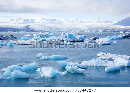 Beautiful view of icebergs in Jokulsarlon glacier lagoon, Vatnajokull National Park, Iceland,  2016 summer                               