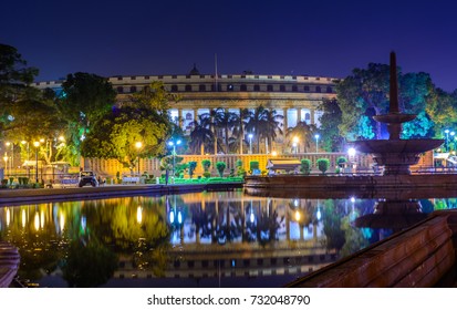 Beautiful View Of Indian Parliament House (Sansad Bhavan) At Night, New Delhi, India.