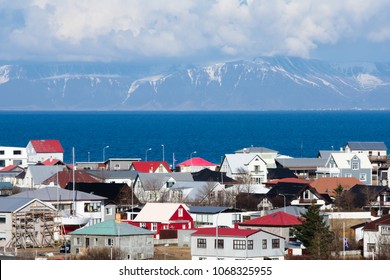 Beautiful view of Keflavik with mountains and water on a background