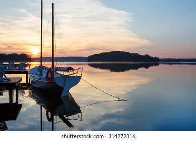 Beautiful View Of The Lake In Masuria District, Poland On Sunset. Fantastic Travel Destination.