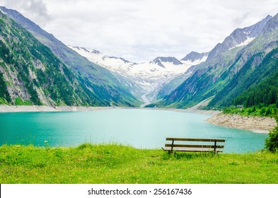 Beautiful View Of The Lake Schlegeis And Empty Desk, Zillertal Alps, Austria