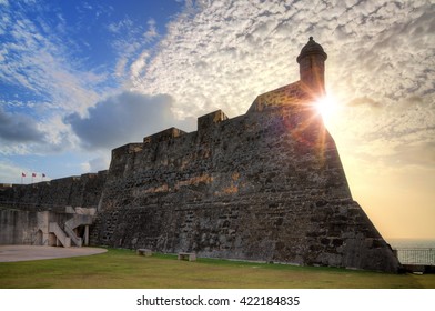 Beautiful view of the large outer wall with sentry box of fort San Cristobal in San Juan, Puerto Rico