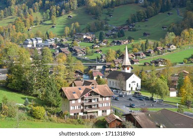 Beautiful View Of Lauterbrunnen Village In Switzerland. Lauterbrunnen Is A Village In The Interlaken Oberhasli Administrative District In The Canton Of Bern In Switzerland