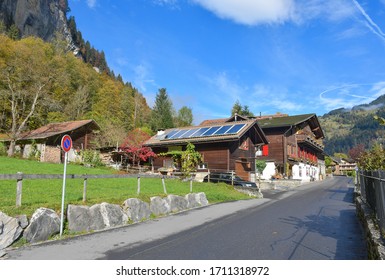 Beautiful View Of Lauterbrunnen Village In Switzerland. Lauterbrunnen Is A Village In The Interlaken Oberhasli Administrative District In The Canton Of Bern In Switzerland