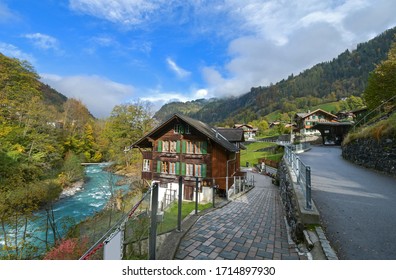 Beautiful View Of Lauterbrunnen Village In Switzerland. Lauterbrunnen Is A Village In The Interlaken Oberhasli Administrative District In The Canton Of Bern In Switzerland