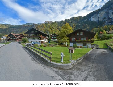 Beautiful View Of Lauterbrunnen Village In Switzerland. Lauterbrunnen Is A Village In The Interlaken Oberhasli Administrative District In The Canton Of Bern In Switzerland