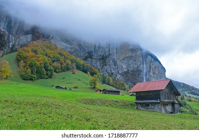 Beautiful View Of Lauterbrunnen Village In Switzerland. Lauterbrunnen Is A Village In The Interlaken Oberhasli Administrative District In The Canton Of Bern In Switzerland